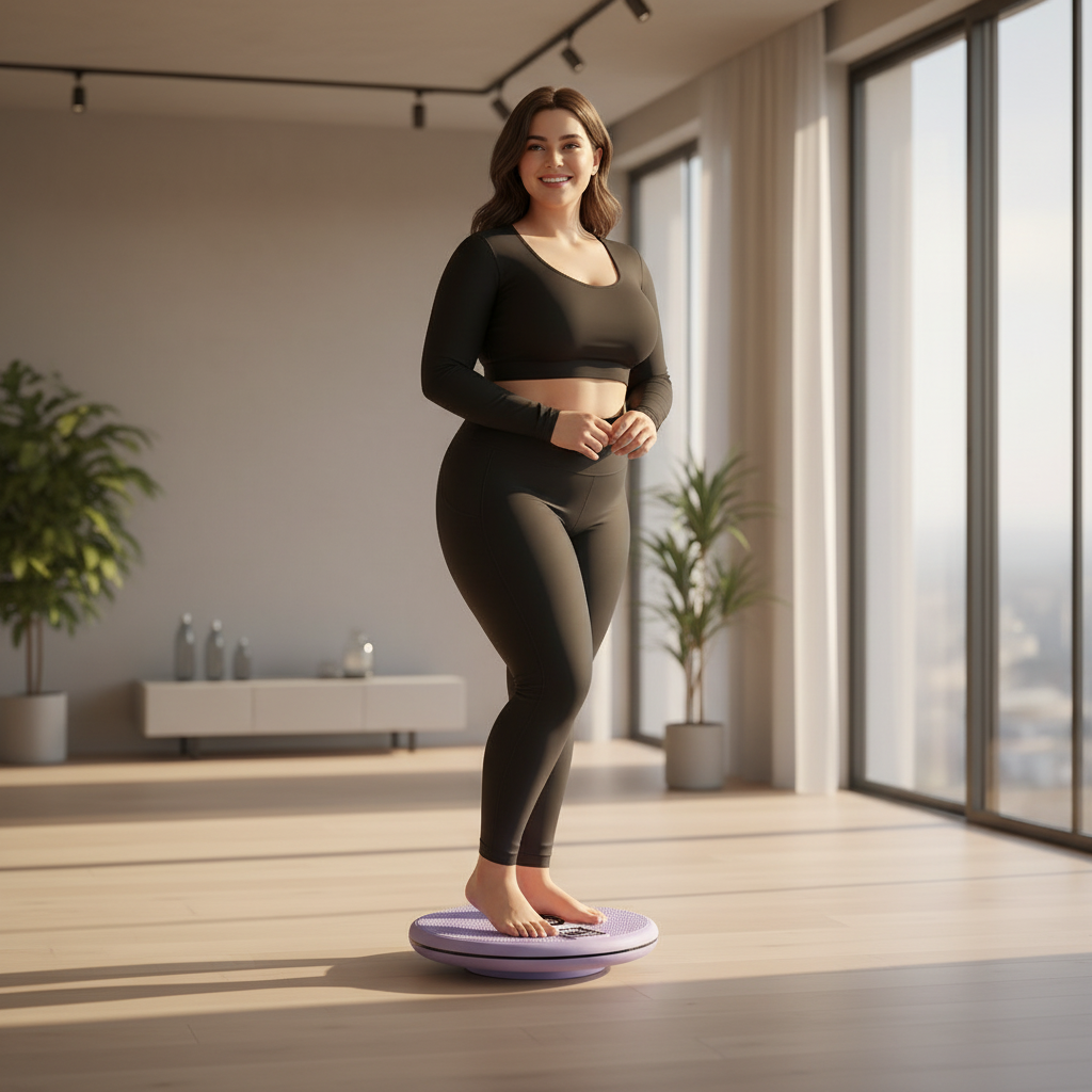 Woman standing on a balance board in a modern living room