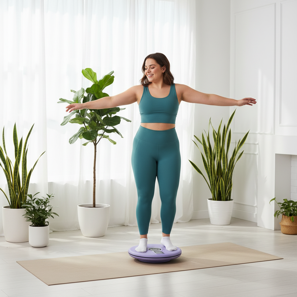 Woman in teal athletic wear standing on a purple balance board in a bright room with plants.