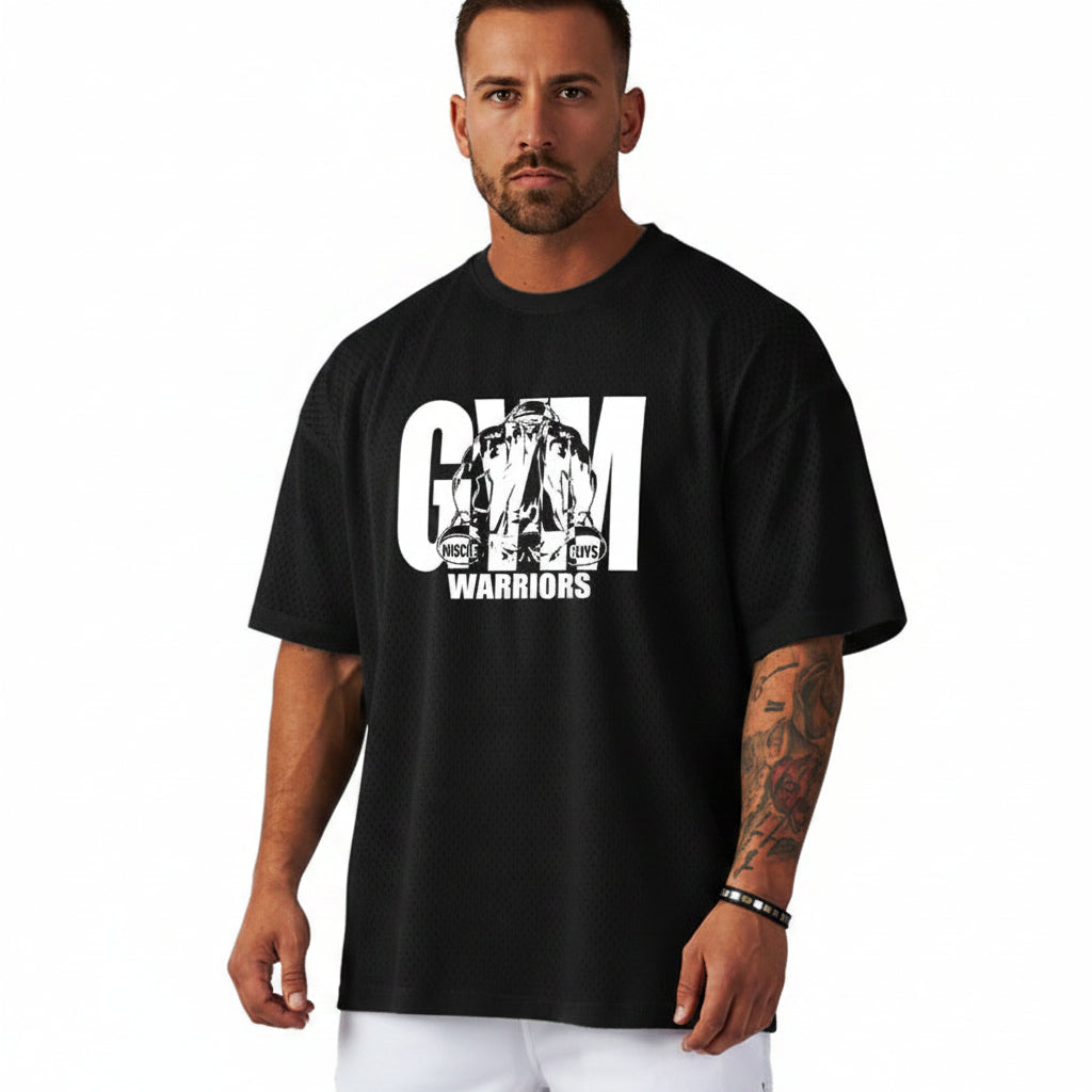 Black t-shirt with 'Gym Warriors' graphic on a white background
