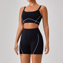 Premium Women's Yoga Fitness Set - Contrast Color Workout Outfit Black Short