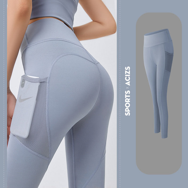 Premium Yoga Pants with Pockets - Tummy Control Fitness Leggings Grey Lake Blue