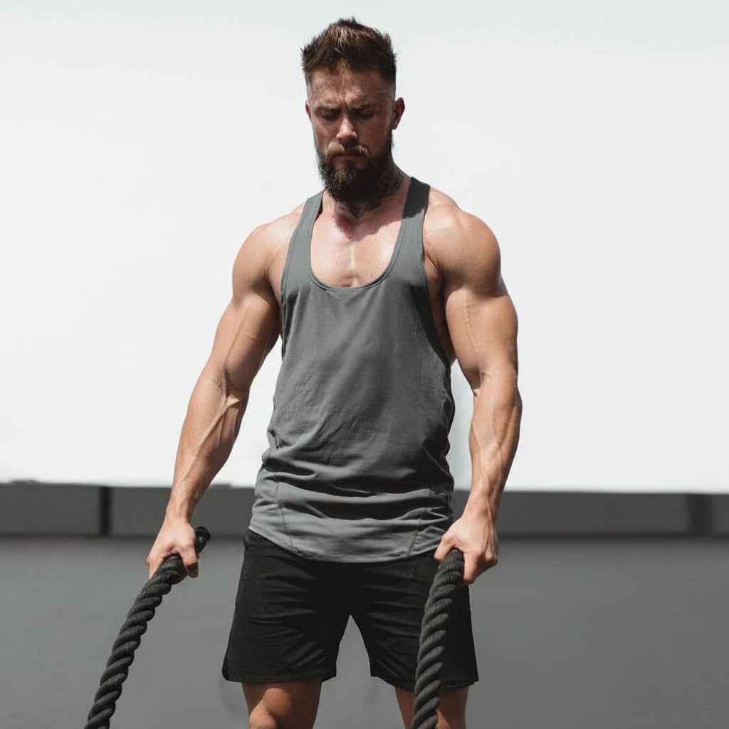 Man  holding battle ropes against a plain background