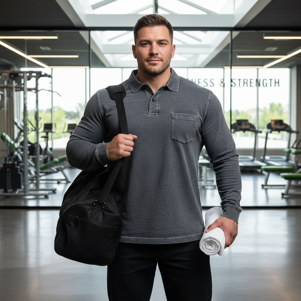 Black Men's Premium Long Sleeve Polo Shirt | Vintage Washed Relaxed Fit | Casual Loose Buttoned Lapel Top