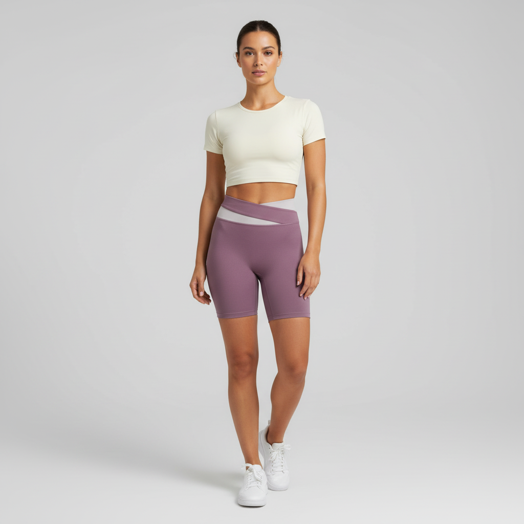 Purple Color-Block High-Waist Yoga Shorts - Seamless Scrunch Butt Anti-Chafing Workout Shorts