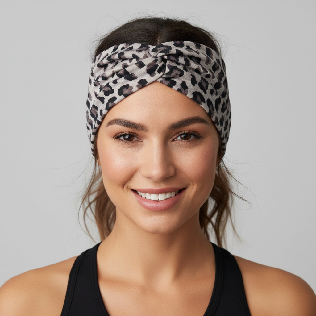 5-PCS Grey leopard print Women's Extra Wide Turban Headband - Elastic Yoga & Sports Hair Wrap