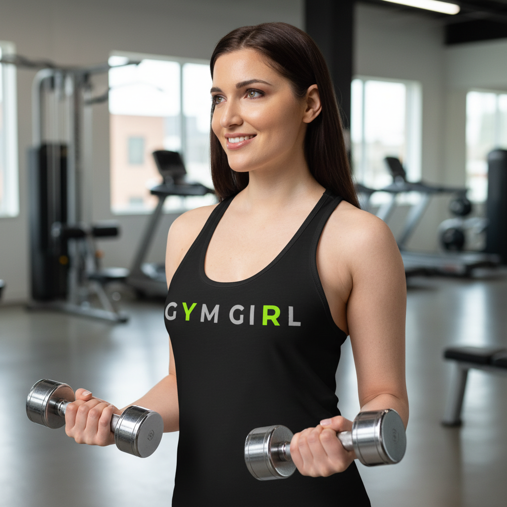 Woman in a gym wearing a black 'GYM GIRL' tank top holding dumbbells.