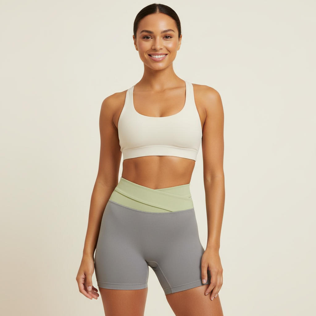 Grey Color-Block High-Waist Yoga Shorts - Seamless Scrunch Butt Anti-Chafing Workout Shorts