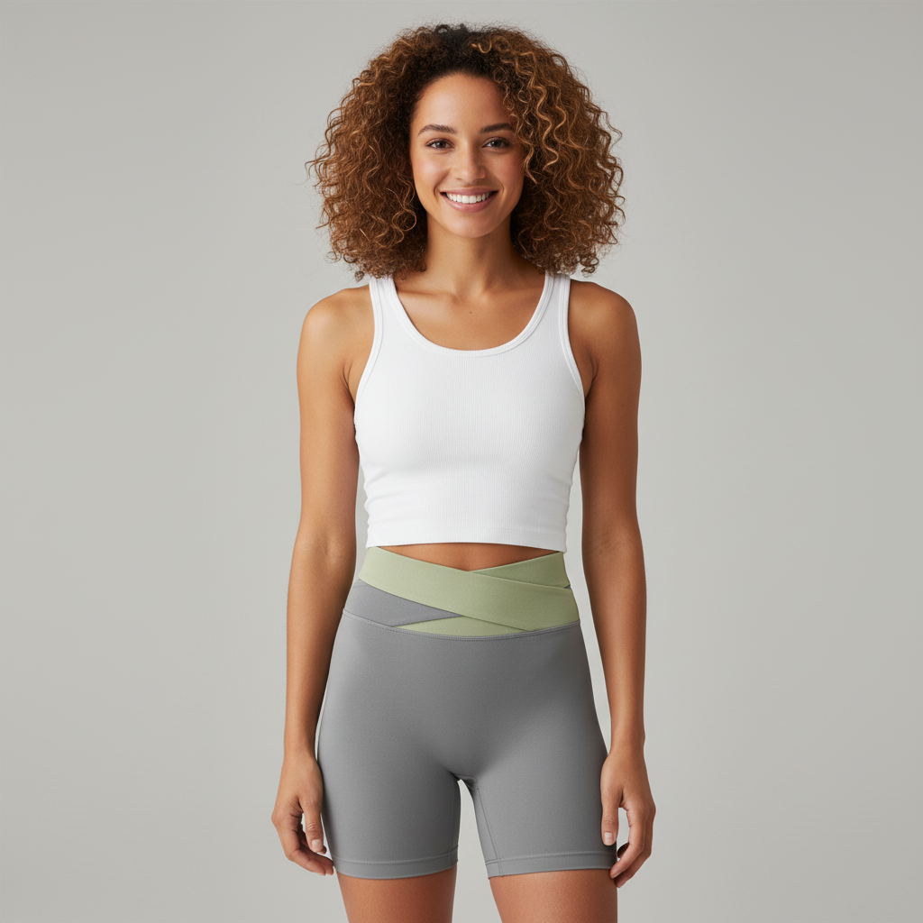 Grey Color-Block High-Waist Yoga Shorts - Seamless Scrunch Butt Anti-Chafing Workout Shorts