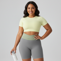 Grey Color-Block High-Waist Yoga Shorts - Seamless Scrunch Butt Anti-Chafing Workout Shorts