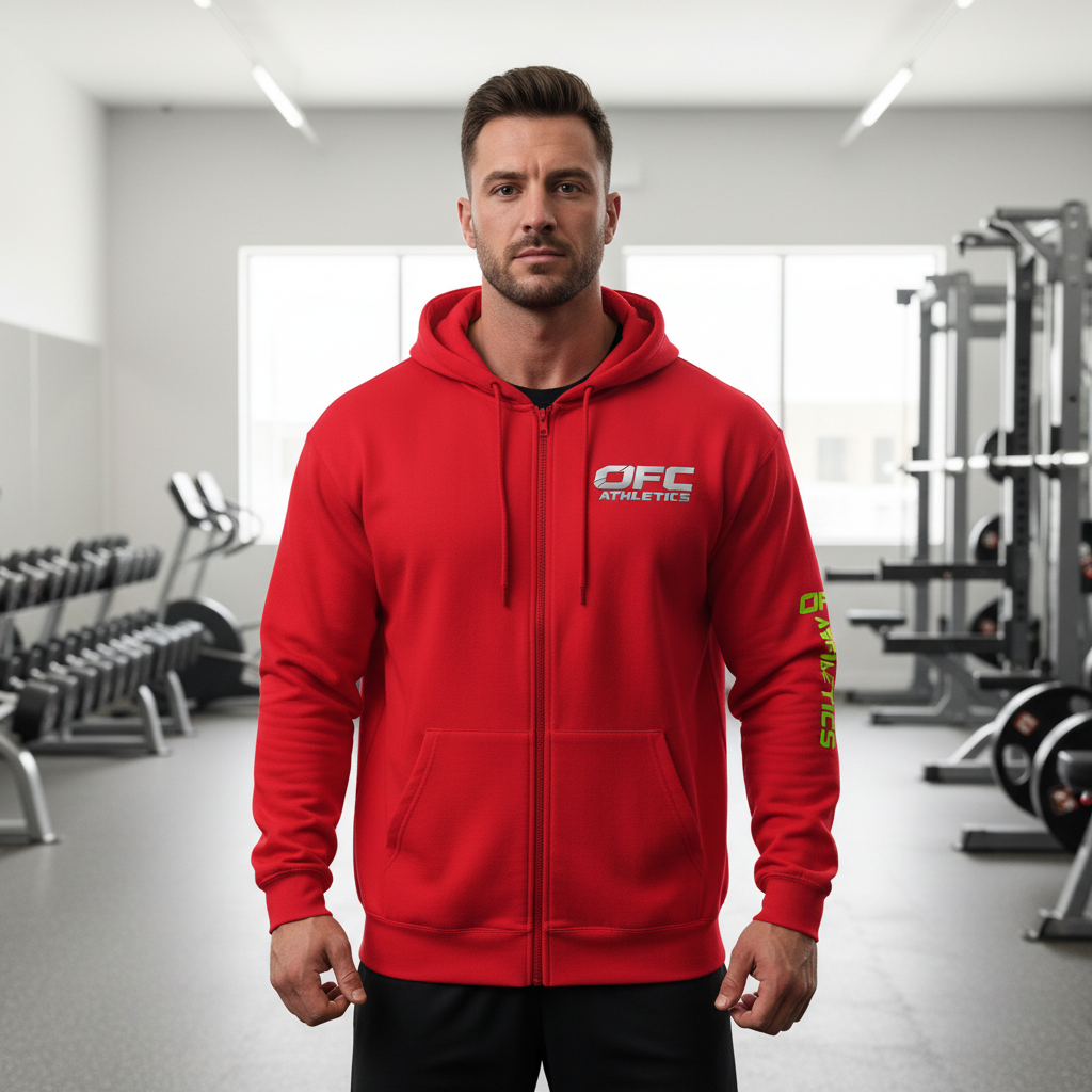 Man wearing a red hoodie with 'OFC Athletics' logo in a gym setting