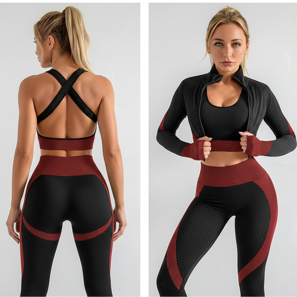 OFC Women's High Waist Yoga Set - 3-Piece Sports Bra, Long Sleeve & Leggings L Army Green