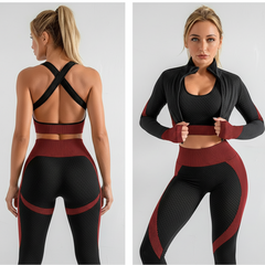 OFC Women's High Waist Yoga Set - 3-Piece Sports Bra, Long Sleeve & Leggings L Army Green