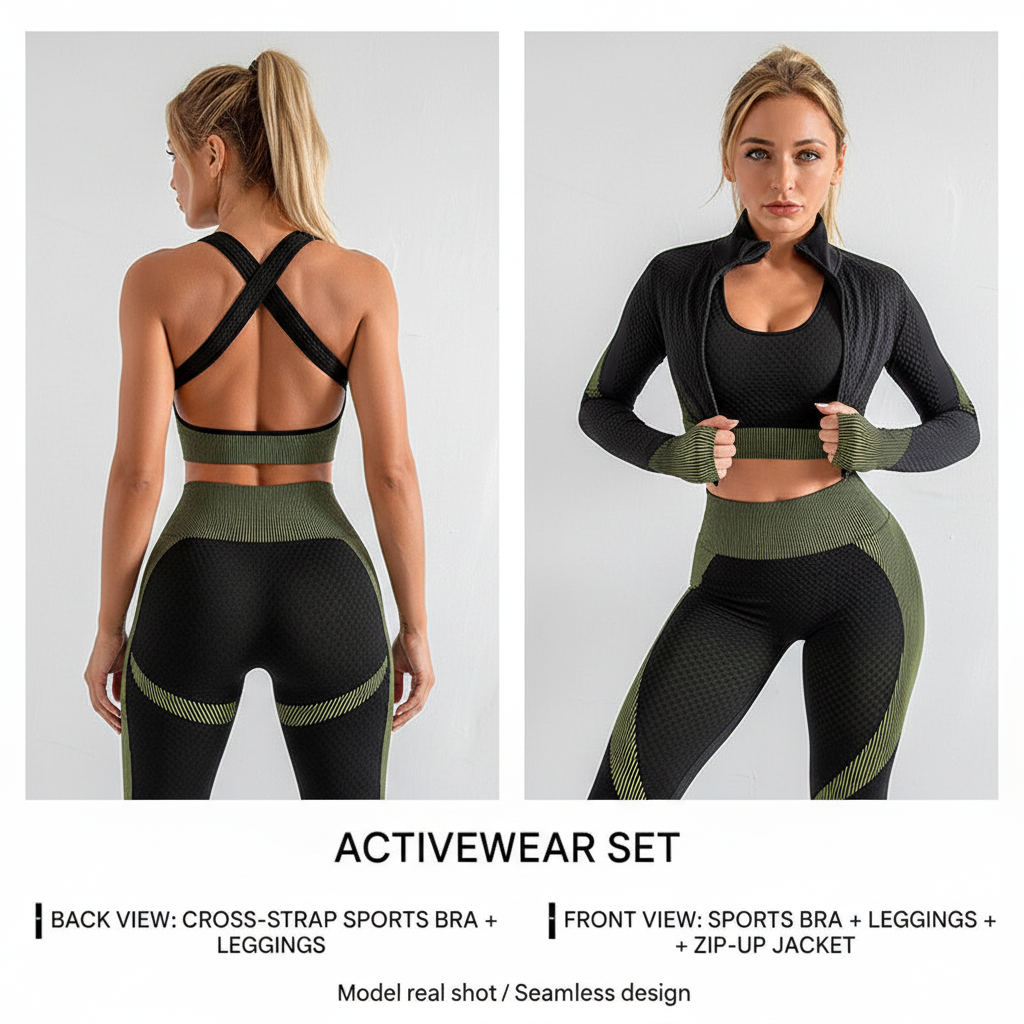 OFC Women's High Waist Yoga Set - 3-Piece Sports Bra, Long Sleeve & Leggings