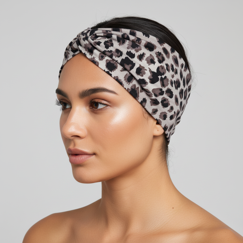 5-PCS Grey leopard print Women's Extra Wide Turban Headband - Elastic Yoga & Sports Hair Wrap