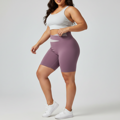 Purple Color-Block High-Waist Yoga Shorts - Seamless Scrunch Butt Anti-Chafing Workout Shorts