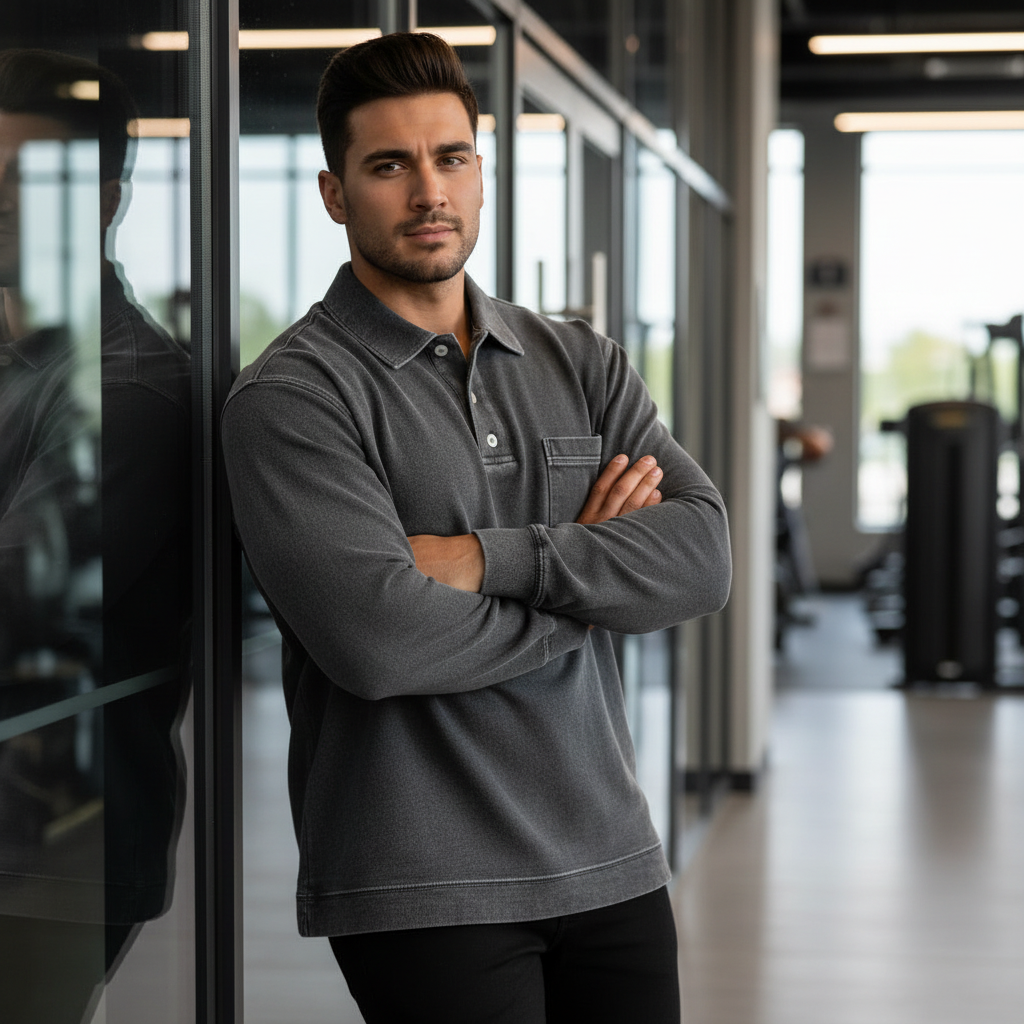 Black Men's Premium Long Sleeve Polo Shirt | Vintage Washed Relaxed Fit | Casual Loose Buttoned Lapel Top