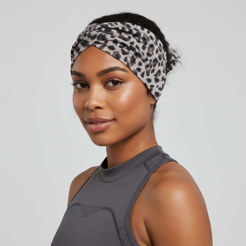 5-PCS Grey leopard print Women's Extra Wide Turban Headband - Elastic Yoga & Sports Hair Wrap