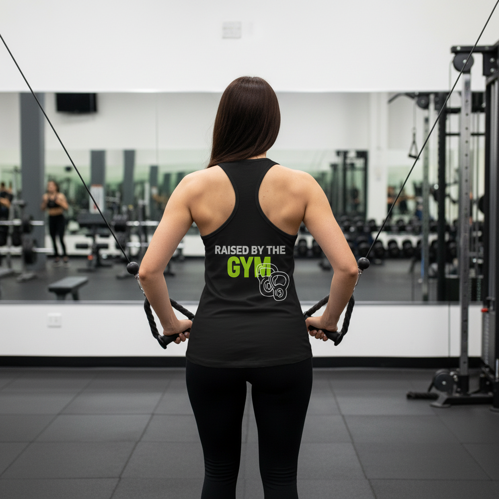 Person wearing a black tank top with 'Raised by the Gym' text in a gym setting