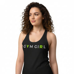 Woman wearing a black tank top with 'GYM GIRL' text on a white background