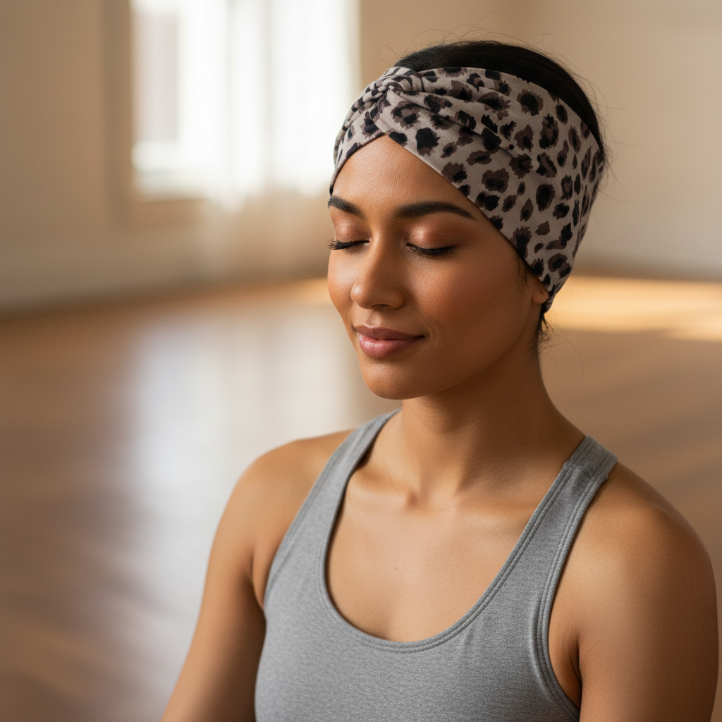 5-PCS Grey leopard print Women's Extra Wide Turban Headband - Elastic Yoga & Sports Hair Wrap